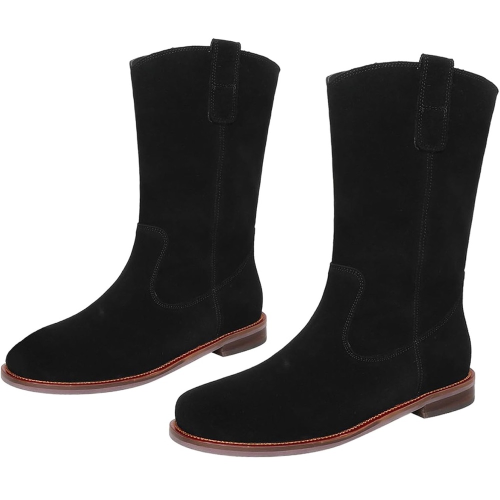Flat Heel Western Boots Round Toe Suede Mid Calf Cowboy Boots Wide Calf Pull On